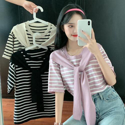 Real shot and real price Summer Korean style versatile striped shawl lace-up loose short-sleeved sweater fake two-piece top for women