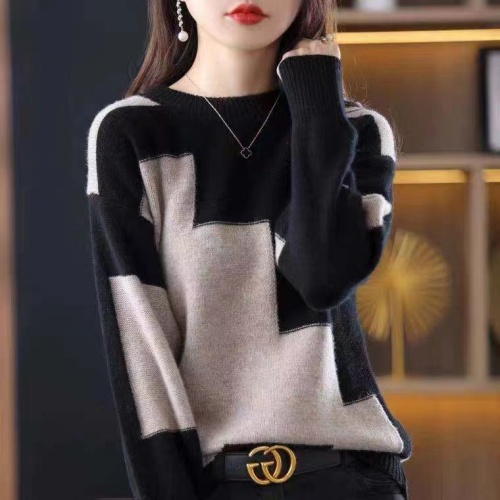 22 autumn and winter new cashmere sweater women's round neck color matching short wool sweater soft waxy sweater loose pullover knitted bottoming shirt