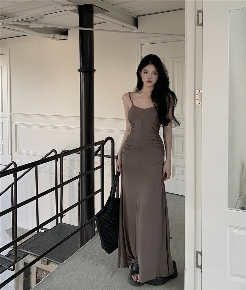 Real shot real price cut female wear pleated spring suspender dress feminine hot girl temperament long skirt