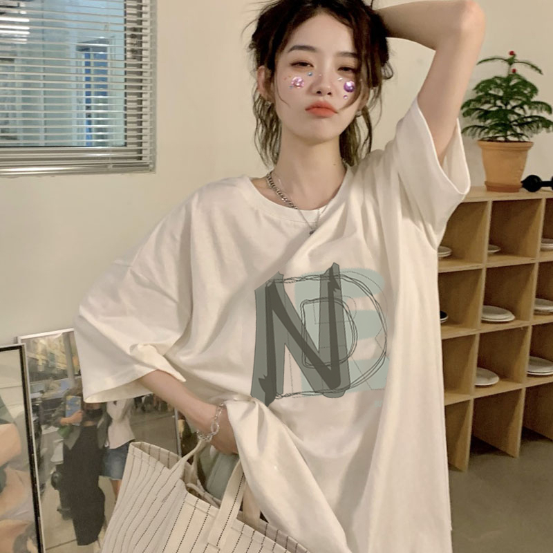 6535 cotton summer new style Hong Kong style letter printed short-sleeved T-shirt loose slimming round neck bottoming top for women
