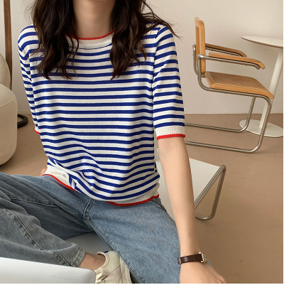 Stripe knitted T-shirt women's short sleeve ice silk sea soul shirt shows thin contrast color British Academy style thin Pullover