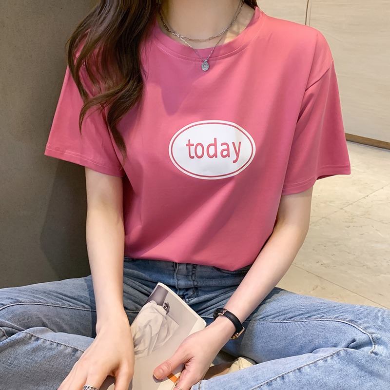 Real shot short sleeve T-shirt women's clothing summer 2022 regular basic letter printing round neck loose student top