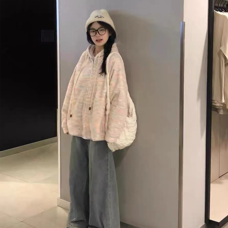 Navy Fufu Lazy Hooded Knitted Cardigan Coat Women's Autumn 2024 Soft and Mellow Dopamine Rainbow Pink Sweater Autumn and Winter 