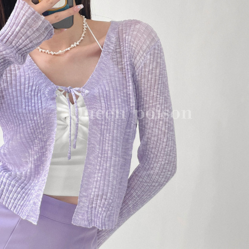 American retro V-neck lace up sunscreen air conditioning shirt women's loose and slim in summer short shawl knitted cardigan