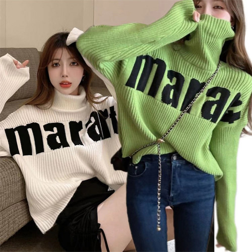 Lazy wind turtleneck sweater sweet Korean style pullover straight loose top small design letter sweater