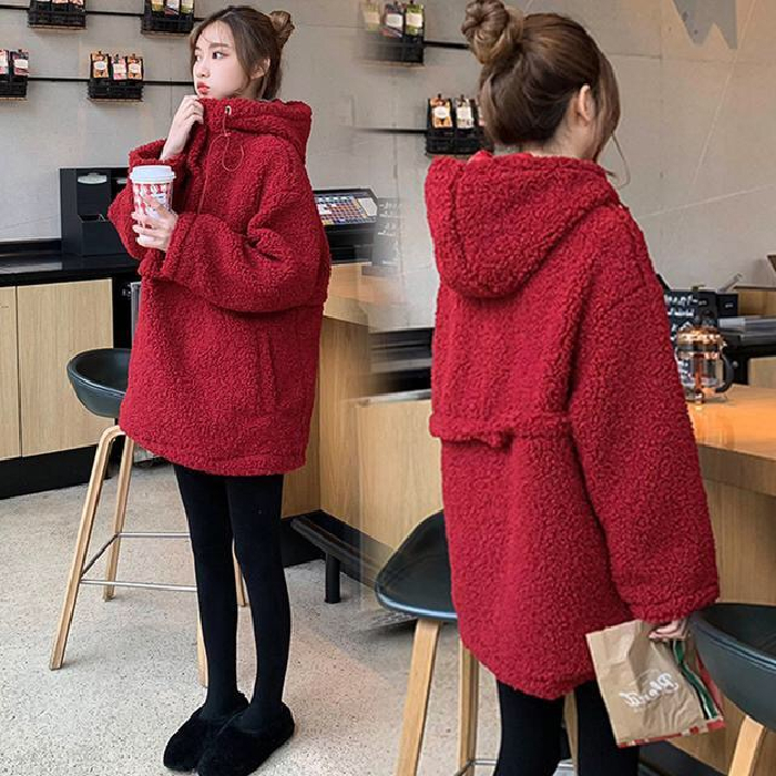 Large size women's imitation lamb wool sweater women's hooded autumn and winter thickened plus velvet loose lambswool coat for women