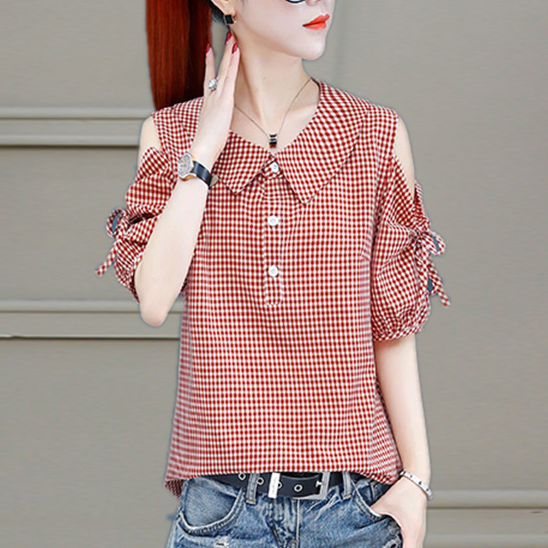 2021 new shirt women's summer thin short sleeve off shoulder light mature design fashion of minority Check Shirt Top