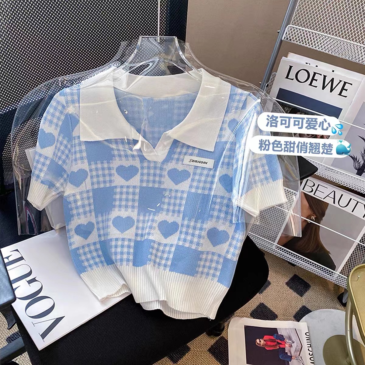 French love Plaid short sleeve sweater thin minority design polo shirt female summer sweet wind ice silk top