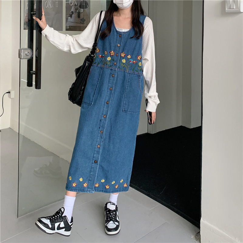 Real shooting autumn Embroidered Denim strap skirt large women's fat mm medium length dress