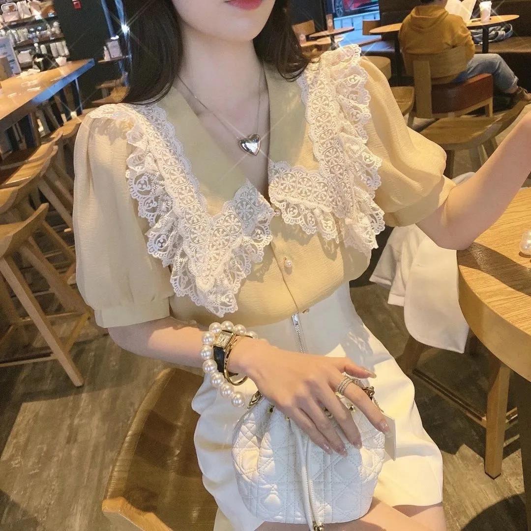 Summer lace heavy industry doll collar sweet and beautiful large shirt women's summer design top m-4xl200 kg