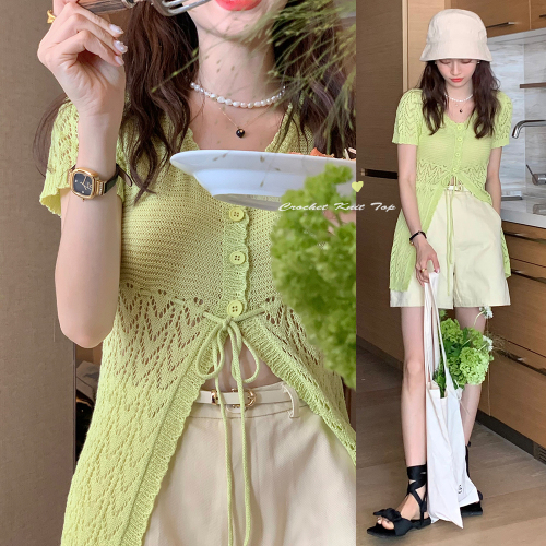 Real shooting of retro western style, playful, bright green, bright skin, four button, low crew neck, high waist, short sleeve cardigan, female sweater