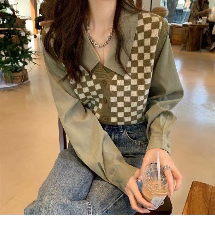 Autumn and winter new Korean style chic Polo collar shirt stitching checkerboard fake two-piece long-sleeved top
