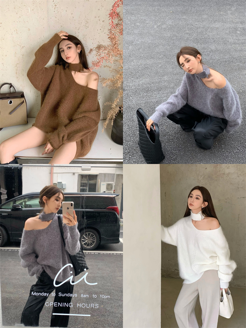 Real shot Nett price Retro style lazy loose halter neck mid-length sweater