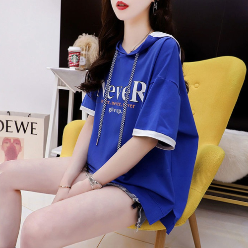 Official picture 65 pull frame  new loose mid-length short-sleeved stitching hooded T-shirt women
