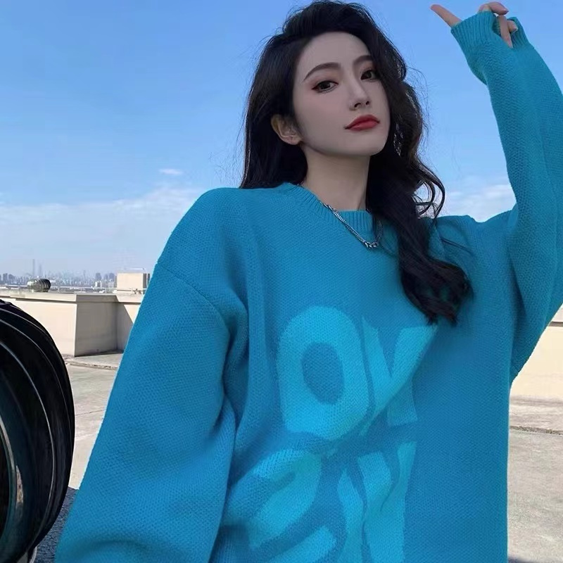 2022 autumn and winter new South Korea Dongdaemun net red sweater light sky orchid rabbit velvet alphabet jacquard pullover sweater women