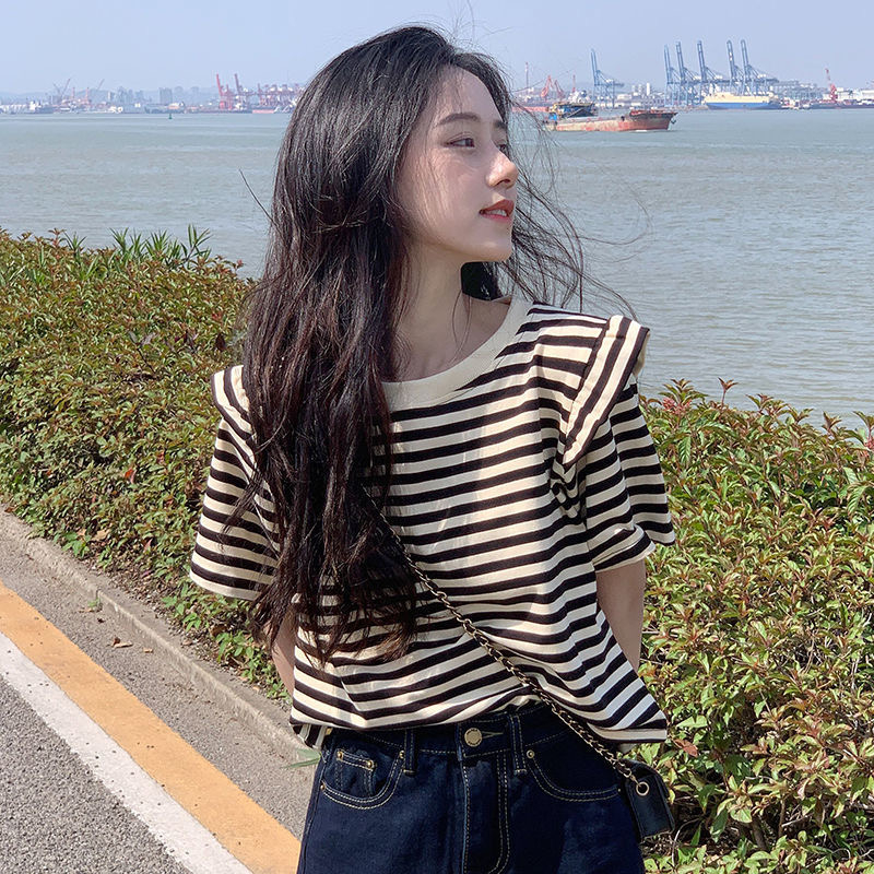 Striped back wrap collar 2022 new design sense niche chic sweet and spicy top