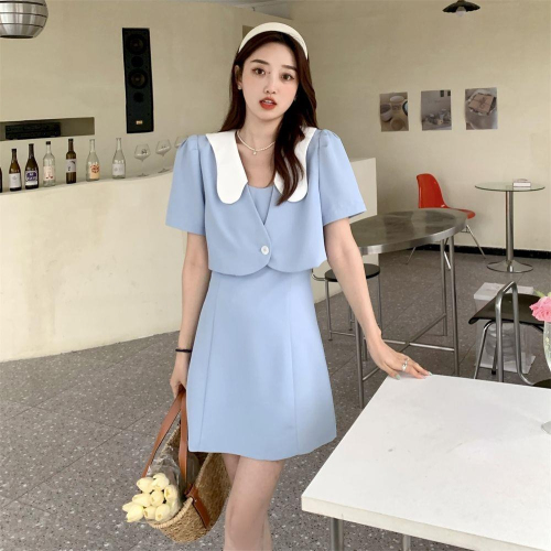 Korean sweet suspender dress color matching lapel short-sleeved cardigan top fashion suit female 2023 summer new