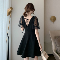 Hepburn's waist is slim, gauze stitching chiffon dress women's summer black date skirt