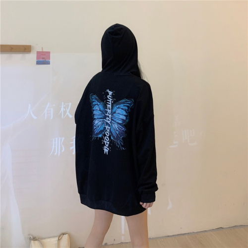 Real shot fish scale cotton loose hooded sweater female Harajuku style thin coat butterfly print long-sleeved top