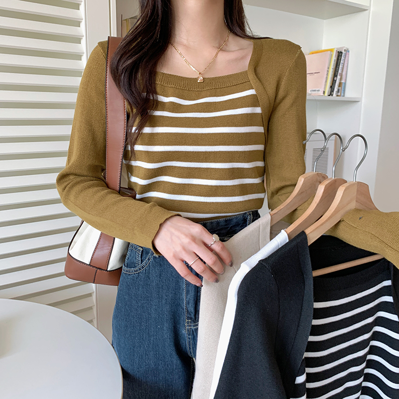 Real shot real price Slim slim striped fake two-piece long-sleeved knitted bottoming shirt T-shirt top women