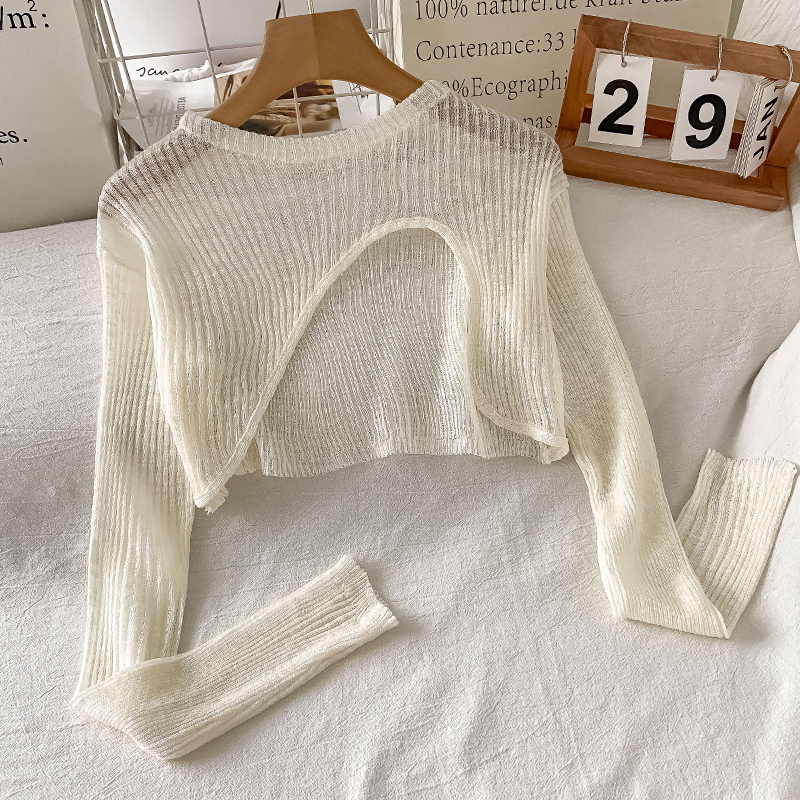 Irregular knitwear women's summer thin ice silk long sleeve sunscreen shirt short sexy hot girls with thin shirt blouse