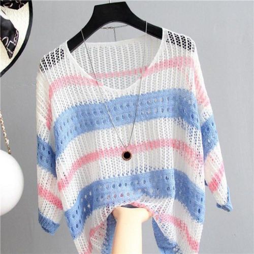 Small fresh and versatile hollow contrast stripe ice silk knitting 5-sleeve top women's fashion