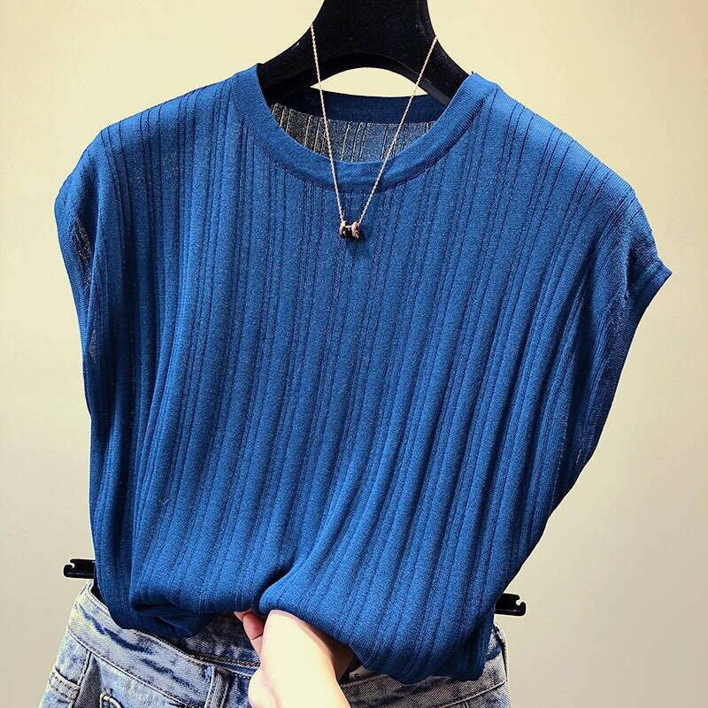 Spring and summer loose show thin summer solid color short sleeve T-shirt women's large size knitted top bottom coat women