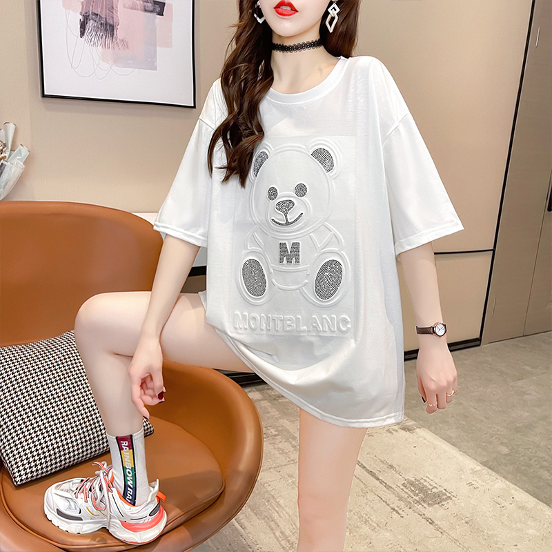 Real photo heavy industry large size diamond inlaid new bear short sleeve T-shirt women's large size women's top
