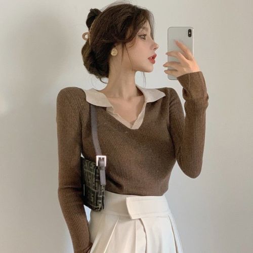 2022 autumn new French niche tops all-match small fragrance POLO collar design sense knitted sweater women