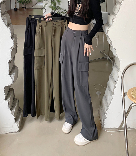 Spring American retro tooling casual pants women's high waist pocket suit pants loose slim straight wide leg trousers