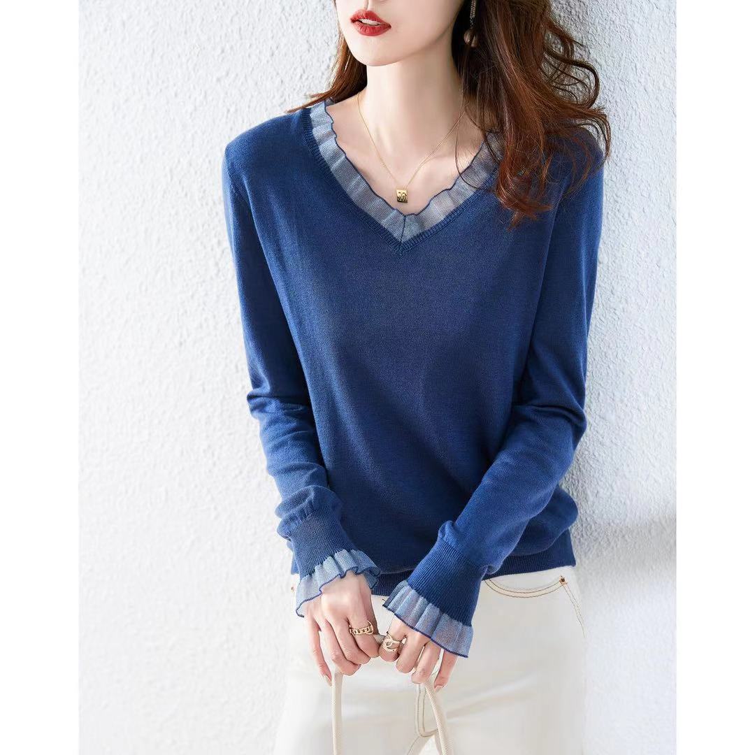 Demana long sleeved knitwear women's new fall 2021 Pullover V-neck top with ruffle stitching shirt