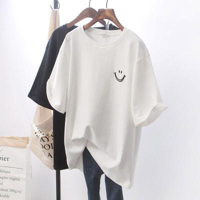 Hong Kong style chic short-sleeved t-shirt women's summer loose ins tide mid-length white bottom missing half-sleeved top