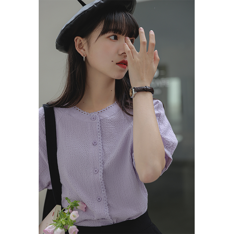 Real shot white Lantern Sleeve lace round neck shirt women's new 2022 wear summer thin short sleeve shirt