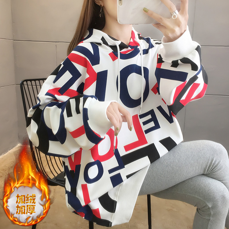 Real shot ~ composite 320G autumn and winter new warm Plush thickened medium length loose large hooded sweater for women