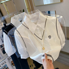 Real photos of summer college wind clip two short sleeve shirt tops women's summer new French short