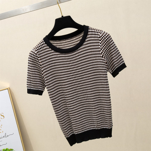 Real photo polo collar knitted stripe short sleeve T-shirt women lovely 2020 new summer loose top Han bianchao