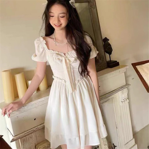 Dress summer pure desire skirt 2022 new style square neck bubble sleeve waist closing thin super fairy sweet solid color short skirt for women