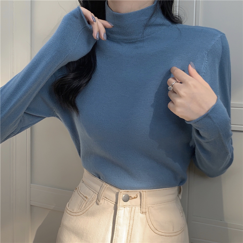 Real shooting real price all-match basic model solid color thin half turtleneck bottoming shirt knitted top women's foreign style with 12 colors