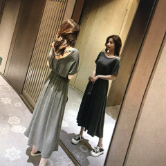 Summer new sexy cross open back skirt mid length waist short sleeve French retro knee dress