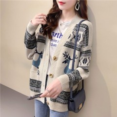 Retro national style fawn sweater coat women's spring and autumn new loose dress lazy style knitted cardigan