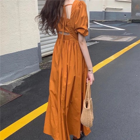 Summer Korean version 2023 new waist slimming mid-length care machine French platycodon skirt short-sleeved dress women