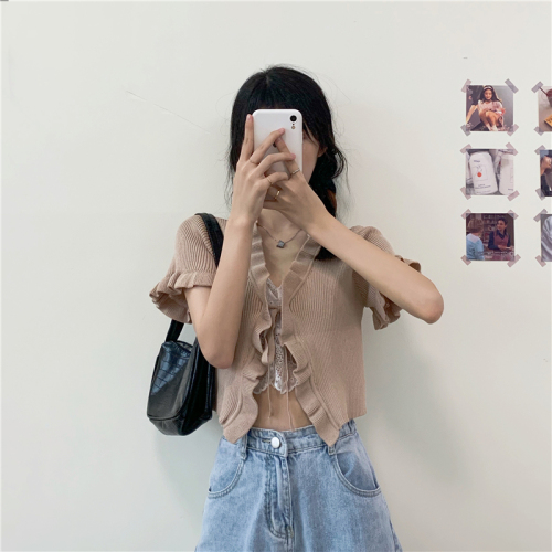 Real shot real price summer new BM Style Lace girl lace up knitted cardigan short sleeve navel exposed short blouse