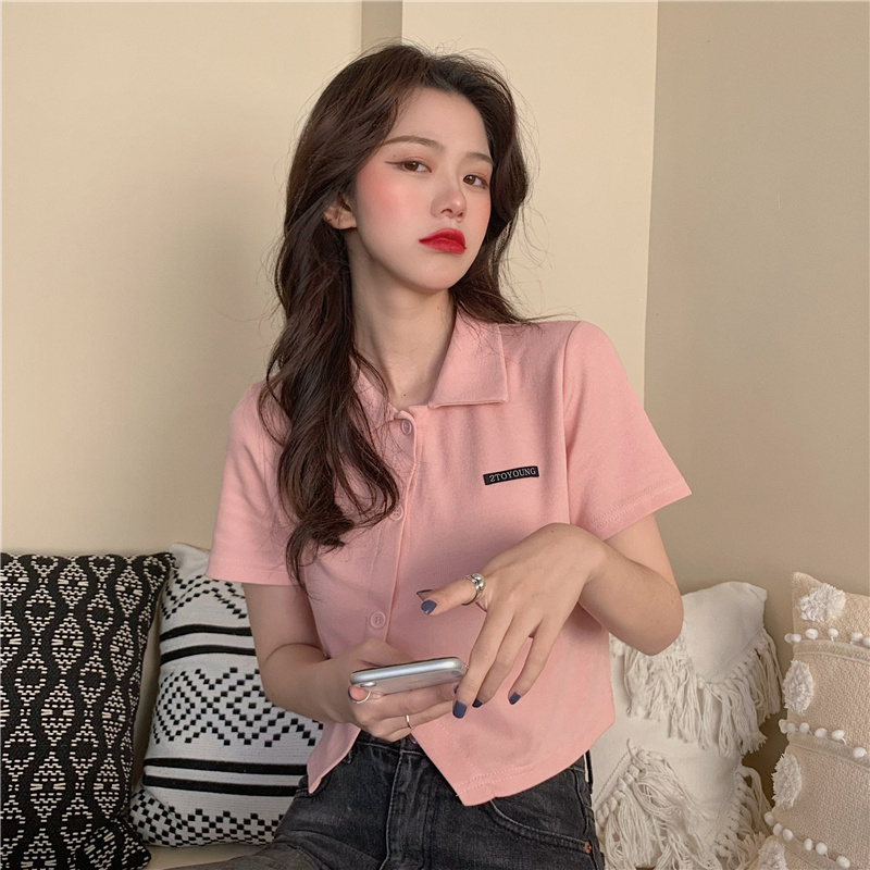 Ant cloth 180g front shoulder T-shirt female summer fat MM short-sleeved design sense niche polo shirt short section belly cover