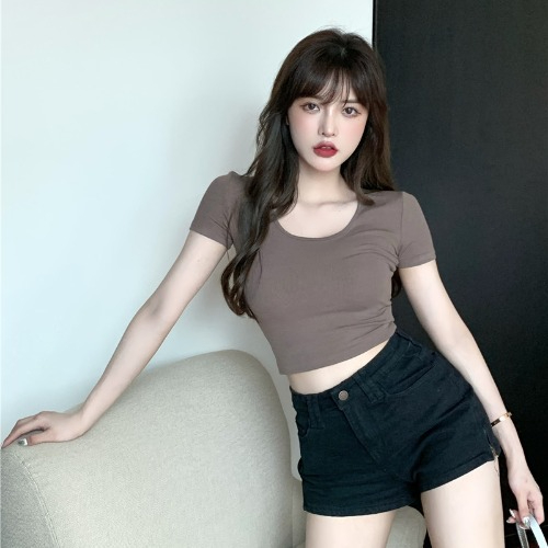 Summer ins tide slim short section exposed navel pure desire wind sweet and spicy slim short-sleeved top