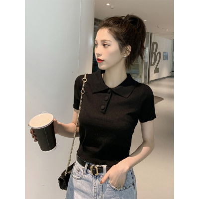 New summer candy color temperament collar single breasted knitted bottomed shirt with versatile Korean top