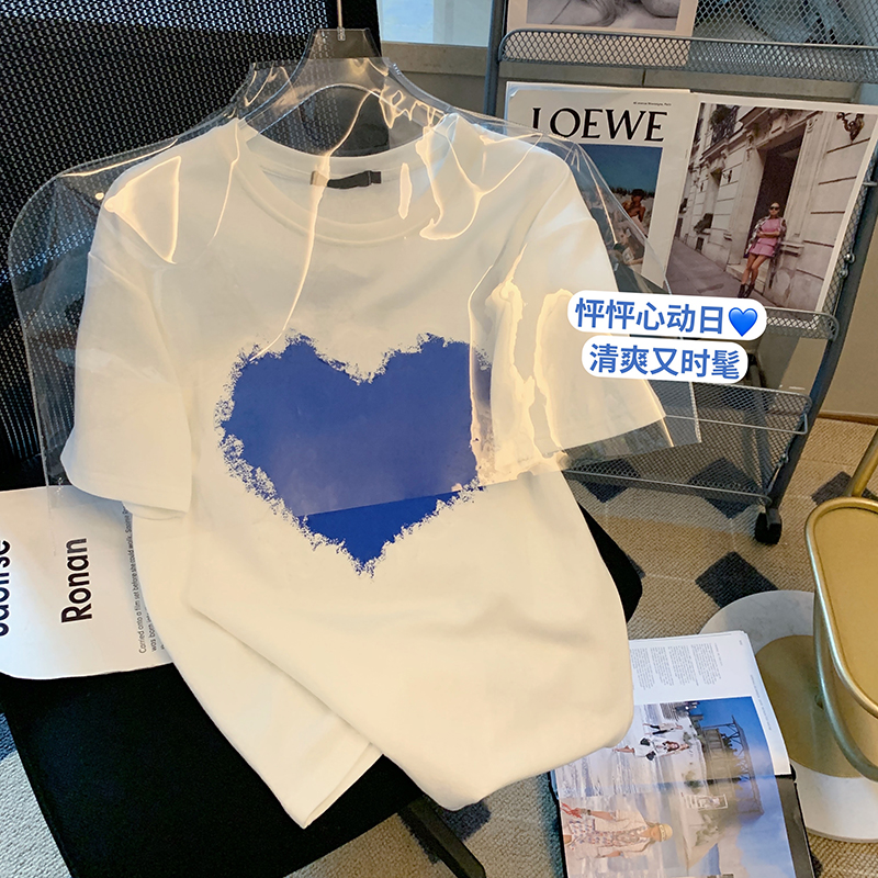 Real cotton 2022 new love design sense of minority and versatile Korean Short Sleeve T-Shirt women