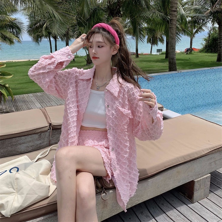Holiday style Ling lattice mesh sunscreen cardigan women's summer 2022 new pink thin loose Long Sleeve Shirt Top