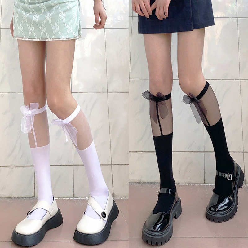 Black JK Socks, Women's Ins Trend Mid-Calf Socks, White and Pearl Splicing Japanese Style Summer Thin High Calf Socks