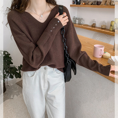 Vogue temperament V-neck design sense top autumn winter bottom sweater women's loose casual long sleeve lazy T-shirt