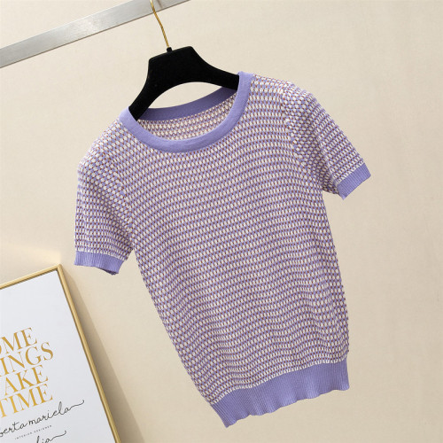 Real photo polo collar knitted stripe short sleeve T-shirt women lovely 2020 new summer loose top Han bianchao